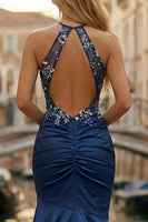 Load image into Gallery viewer, Navy Satin Halter Long Mermaid Floral Prom Dress with Slit