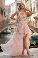Load image into Gallery viewer, Sparkly Pink Halter A Line Appliqued Corset High-Low Prom Dress with Keyhole