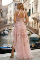 Load image into Gallery viewer, Sparkly Pink Halter A Line Appliqued Corset High-Low Prom Dress with Keyhole