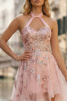 Load image into Gallery viewer, Sparkly Pink Halter A Line Appliqued Corset High-Low Prom Dress with Keyhole