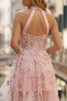 Load image into Gallery viewer, Sparkly Pink Halter A Line Appliqued Corset High-Low Prom Dress with Keyhole