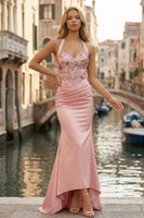 Load image into Gallery viewer, Pink Appliqued Halter Neck Ruched Mermaid Long Corset Prom Dress