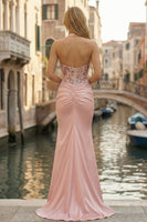 Load image into Gallery viewer, Pink Appliqued Halter Neck Ruched Mermaid Long Corset Prom Dress