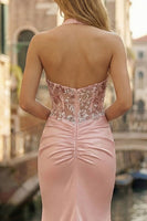 Load image into Gallery viewer, Pink Appliqued Halter Neck Ruched Mermaid Long Corset Prom Dress
