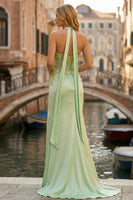 Load image into Gallery viewer, Sparkly Light Green Appliqued Neck Scarf Long Mermaid Corset Prom Dress with Slit