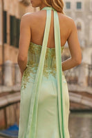 Load image into Gallery viewer, Sparkly Light Green Appliqued Neck Scarf Long Mermaid Corset Prom Dress with Slit