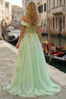 Load image into Gallery viewer, Sparkly Light Green Tulle Appliqued Off the Shoulder High-Low Corset Prom Dress