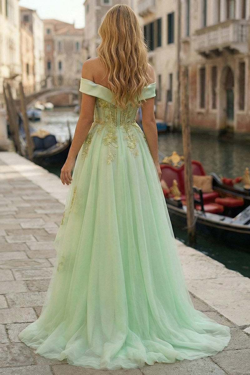Load image into Gallery viewer, Sparkly Light Green Tulle Appliqued Off the Shoulder High-Low Corset Prom Dress