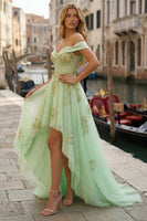 Load image into Gallery viewer, Sparkly Light Green Tulle Appliqued Off the Shoulder High-Low Corset Prom Dress