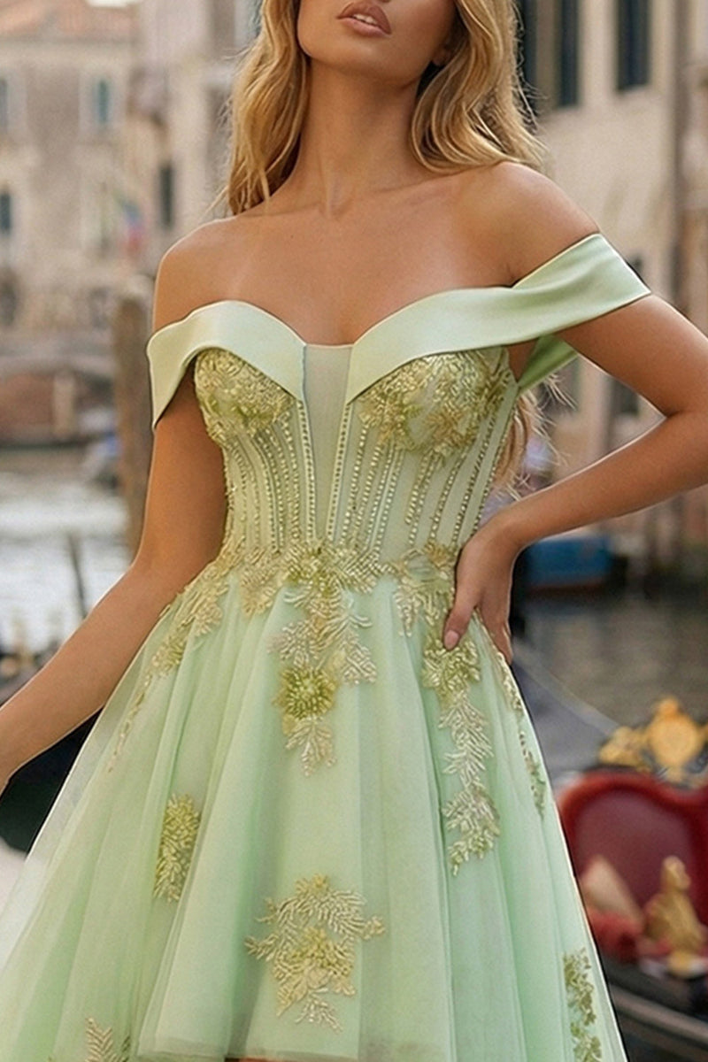 Load image into Gallery viewer, Sparkly Light Green Tulle Appliqued Off the Shoulder High-Low Corset Prom Dress