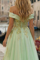 Load image into Gallery viewer, Sparkly Light Green Tulle Appliqued Off the Shoulder High-Low Corset Prom Dress