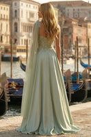Load image into Gallery viewer, Sage Green Appliqued One Shoulder High-Low Satin Corset Prom Dress with Side Cape