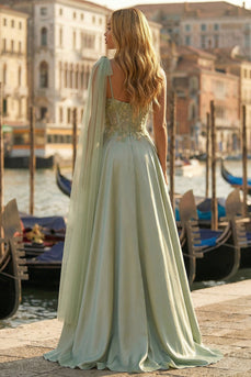 Sage Green Appliqued One Shoulder High-Low Satin Corset Prom Dress with Side Cape