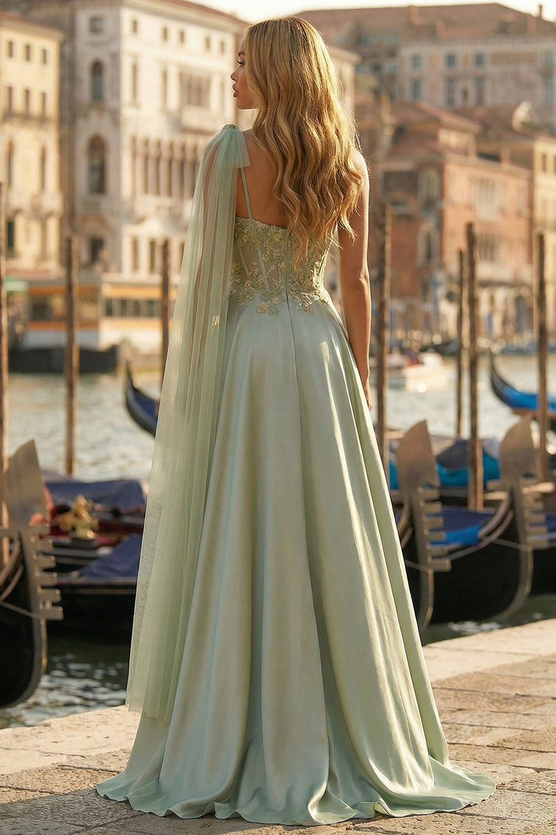 Load image into Gallery viewer, Sage Green Appliqued One Shoulder High-Low Satin Corset Prom Dress with Side Cape
