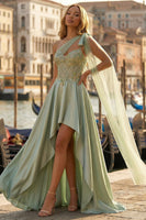 Load image into Gallery viewer, Sage Green Appliqued One Shoulder High-Low Satin Corset Prom Dress with Side Cape