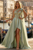 Load image into Gallery viewer, Sage Green Appliqued One Shoulder High-Low Satin Corset Prom Dress with Side Cape