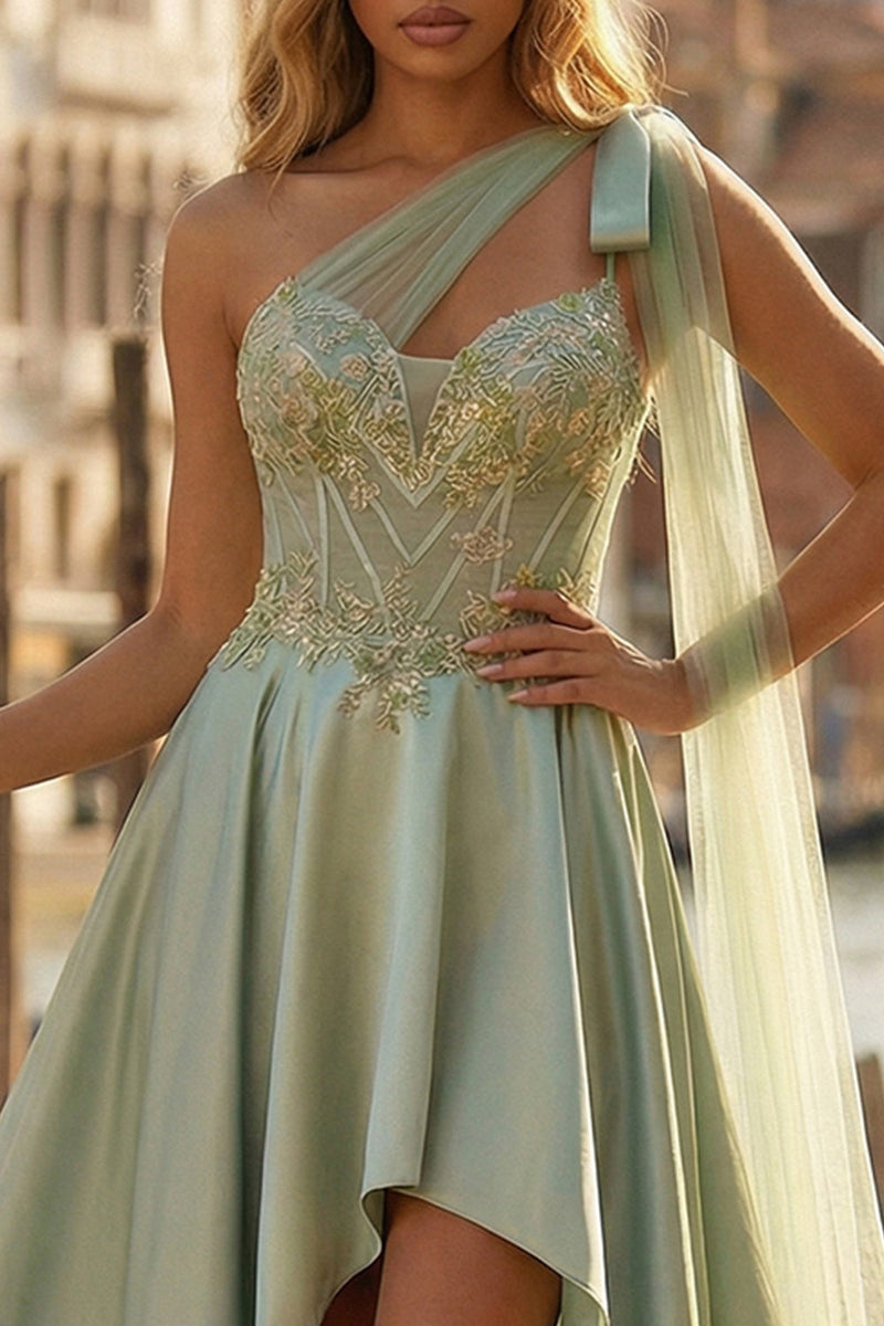 Load image into Gallery viewer, Sage Green Appliqued One Shoulder High-Low Satin Corset Prom Dress with Side Cape