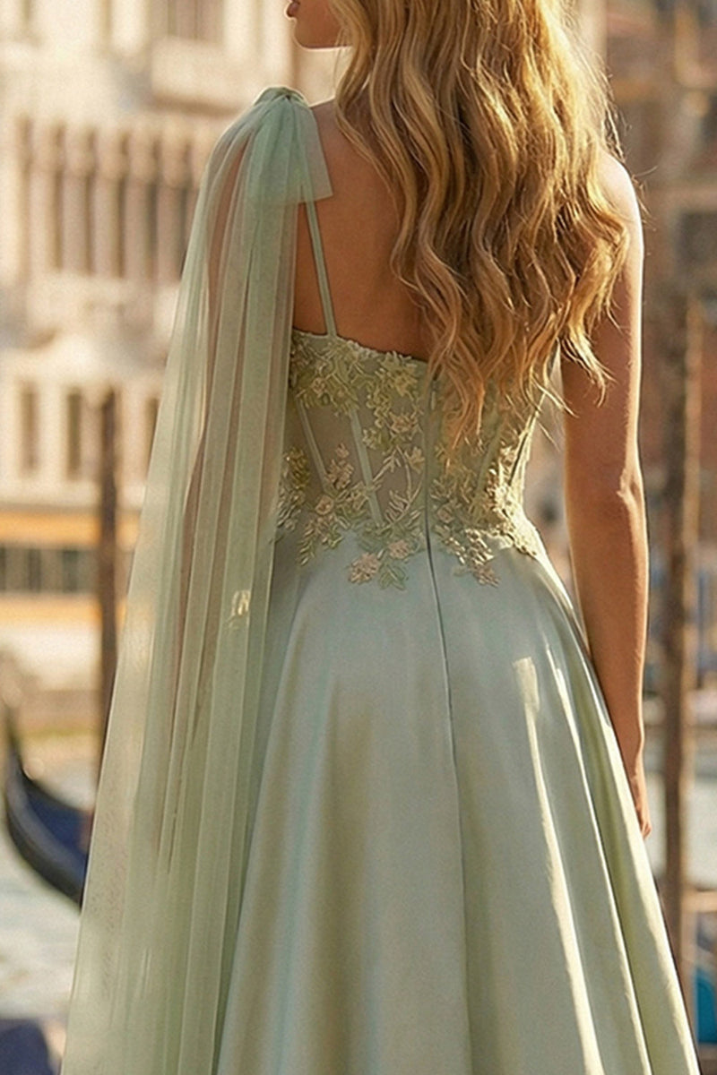 Load image into Gallery viewer, Sage Green Appliqued One Shoulder High-Low Satin Corset Prom Dress with Side Cape