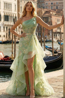 Load image into Gallery viewer, Light Green Ruffled One Shoulder Mermaid Appliqued High-Low Corset Prom Dress