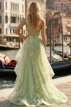 Light Green Ruffled One Shoulder Mermaid Appliqued High-Low Corset Prom Dress