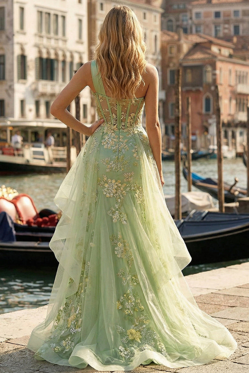 Load image into Gallery viewer, Light Green Ruffled One Shoulder Mermaid Appliqued High-Low Corset Prom Dress