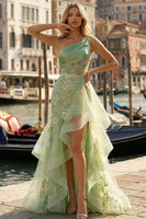 Load image into Gallery viewer, Light Green Ruffled One Shoulder Mermaid Appliqued High-Low Corset Prom Dress