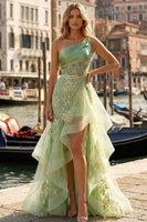 Load image into Gallery viewer, Light Green Ruffled One Shoulder Mermaid Appliqued High-Low Corset Prom Dress