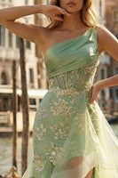 Load image into Gallery viewer, Light Green Ruffled One Shoulder Mermaid Appliqued High-Low Corset Prom Dress
