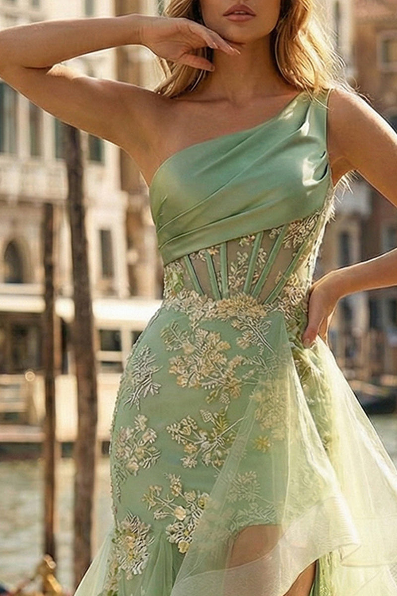 Load image into Gallery viewer, Light Green Ruffled One Shoulder Mermaid Appliqued High-Low Corset Prom Dress