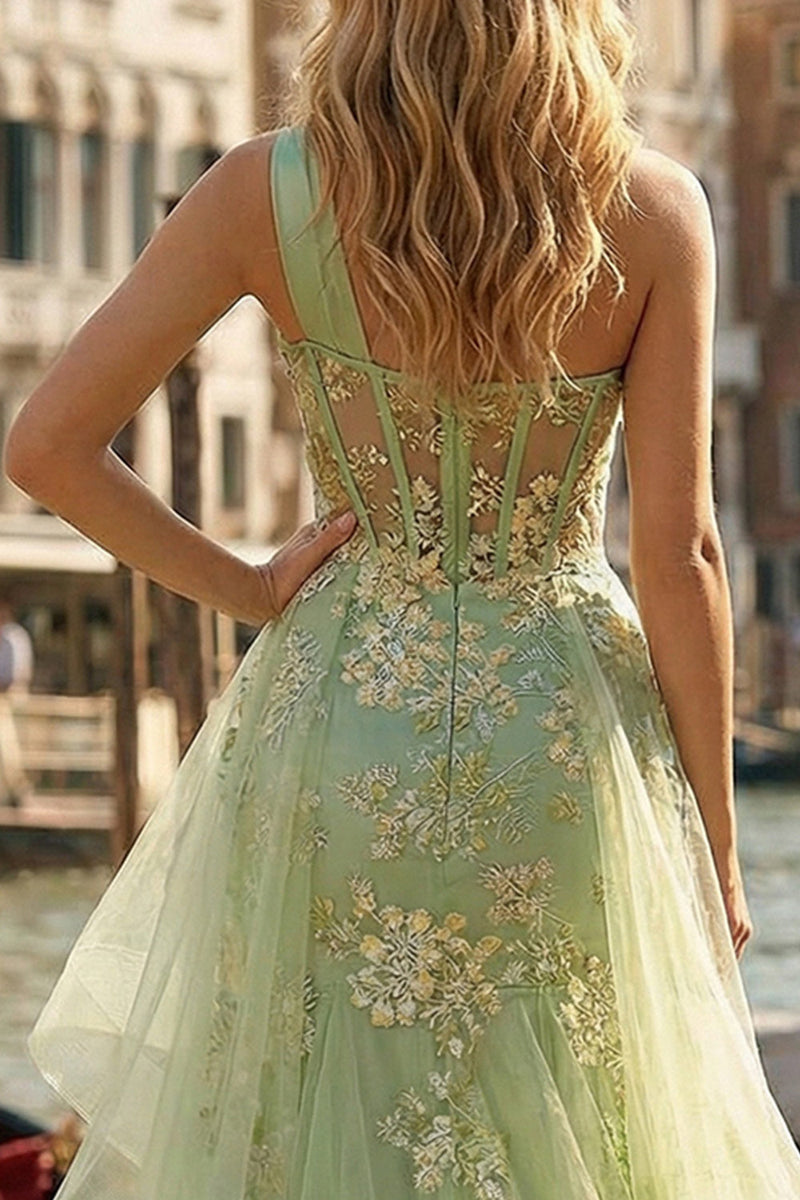 Load image into Gallery viewer, Light Green Ruffled One Shoulder Mermaid Appliqued High-Low Corset Prom Dress