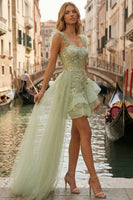 Load image into Gallery viewer, Sparkly Light Green Thick Straps Appliqued A Line Ruffled Short Prom Dress with Cape