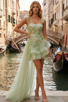 Load image into Gallery viewer, Sparkly Light Green Thick Straps Appliqued A Line Ruffled Short Prom Dress with Cape