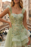 Load image into Gallery viewer, Sparkly Light Green Thick Straps Appliqued A Line Ruffled Short Prom Dress with Cape