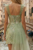 Load image into Gallery viewer, Sparkly Light Green Thick Straps Appliqued A Line Ruffled Short Prom Dress with Cape