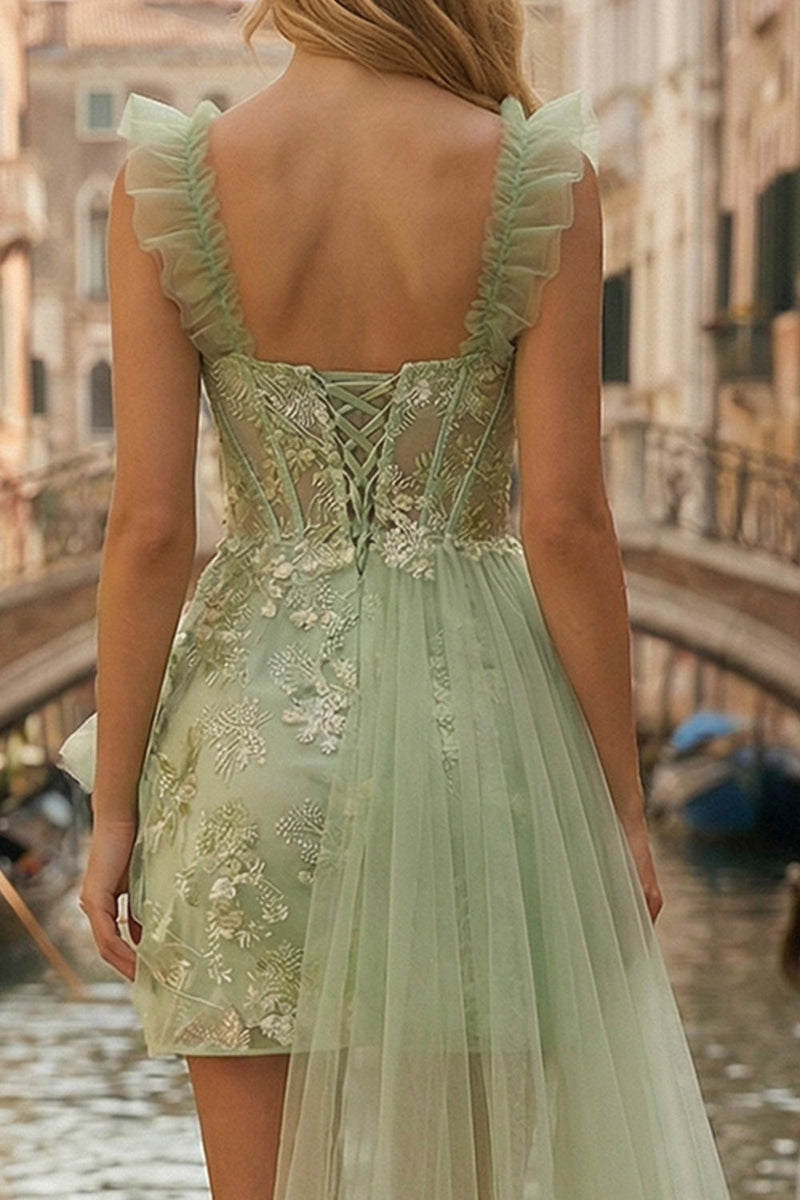 Load image into Gallery viewer, Sparkly Light Green Thick Straps Appliqued A Line Ruffled Short Prom Dress with Cape