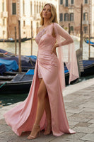 Load image into Gallery viewer, Pink Appliqued Ruched One Shoulder Long Prom Dress with Side Cape