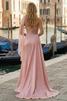 Load image into Gallery viewer, Pink Appliqued Ruched One Shoulder Long Prom Dress with Side Cape