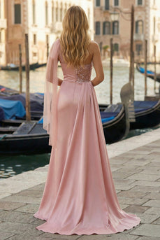 Pink Appliqued Ruched One Shoulder Long Prom Dress with Side Cape