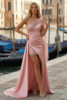 Load image into Gallery viewer, Pink Appliqued Ruched One Shoulder Long Prom Dress with Side Cape