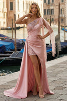 Load image into Gallery viewer, Pink Appliqued Ruched One Shoulder Long Prom Dress with Side Cape