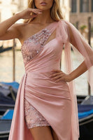 Load image into Gallery viewer, Pink Appliqued Ruched One Shoulder Long Prom Dress with Side Cape