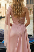 Load image into Gallery viewer, Pink Appliqued Ruched One Shoulder Long Prom Dress with Side Cape