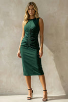 Load image into Gallery viewer, Dark Green Ruched Round Neck Midi Pencil Work Dress with Slit