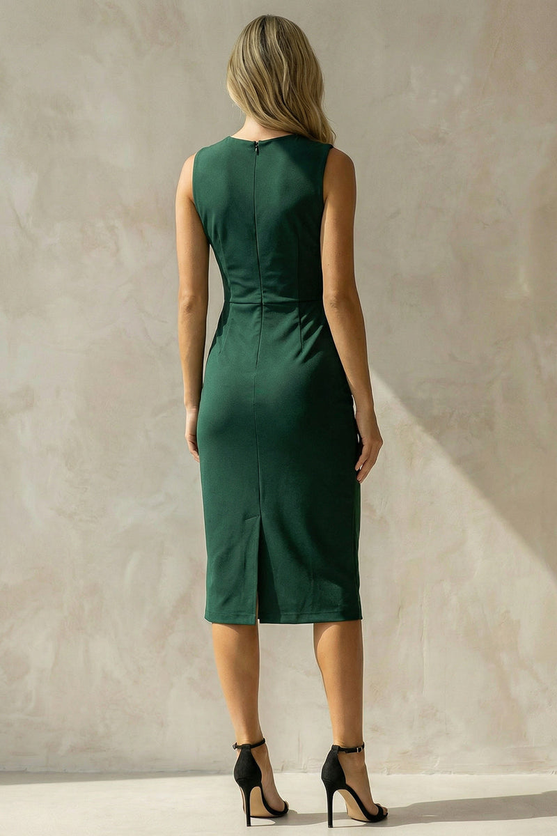 Load image into Gallery viewer, Dark Green Ruched Round Neck Midi Pencil Work Dress with Slit