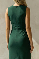 Load image into Gallery viewer, Dark Green Ruched Round Neck Midi Pencil Work Dress with Slit