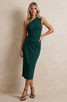 Load image into Gallery viewer, Dark Green Ruched One Shoulder Midi Pencil Work Dress