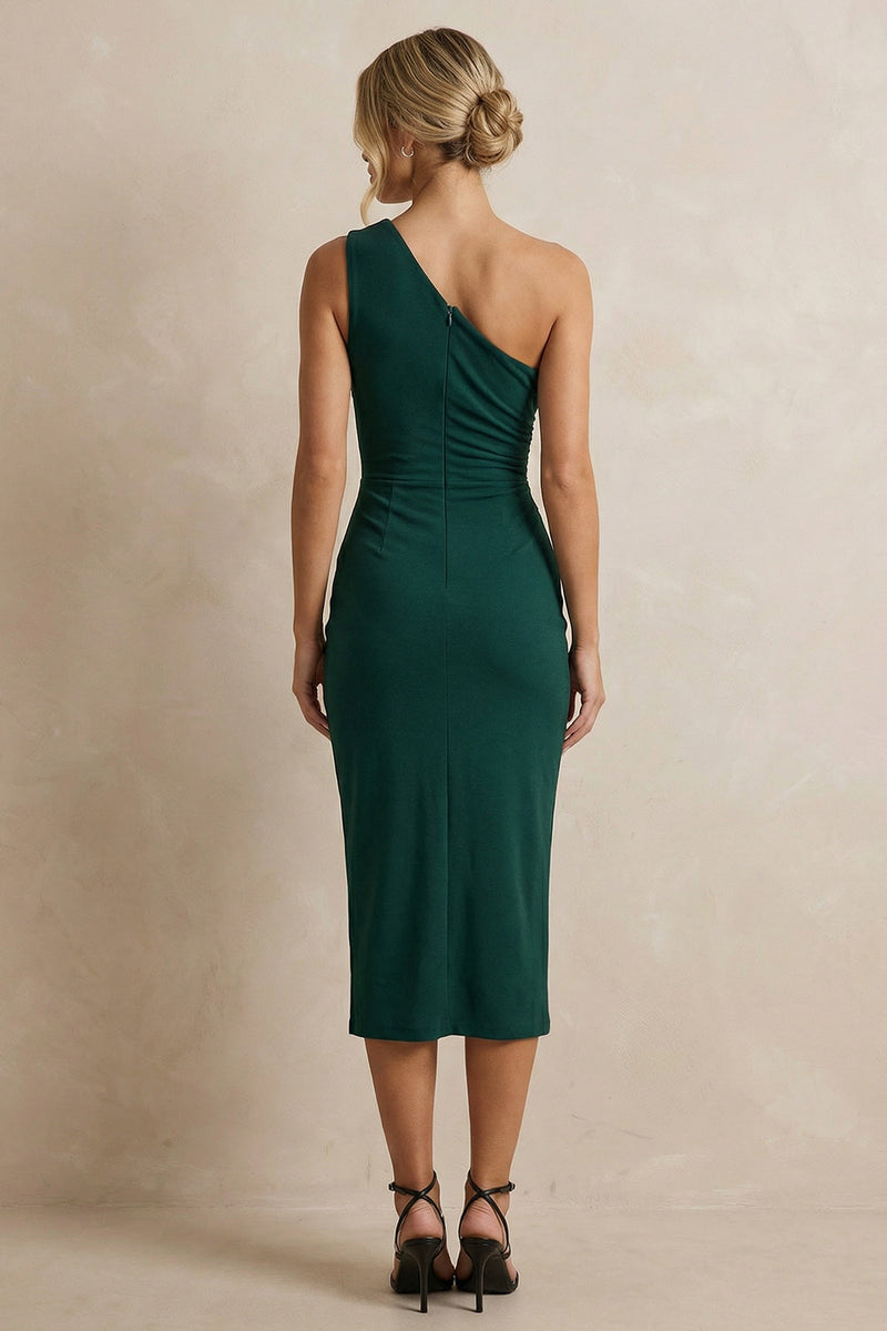Load image into Gallery viewer, Dark Green Ruched One Shoulder Midi Pencil Work Dress