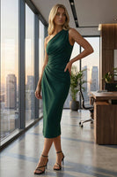 Load image into Gallery viewer, Dark Green Ruched One Shoulder Midi Pencil Work Dress