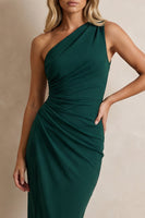 Load image into Gallery viewer, Dark Green Ruched One Shoulder Midi Pencil Work Dress