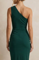 Load image into Gallery viewer, Dark Green Ruched One Shoulder Midi Pencil Work Dress